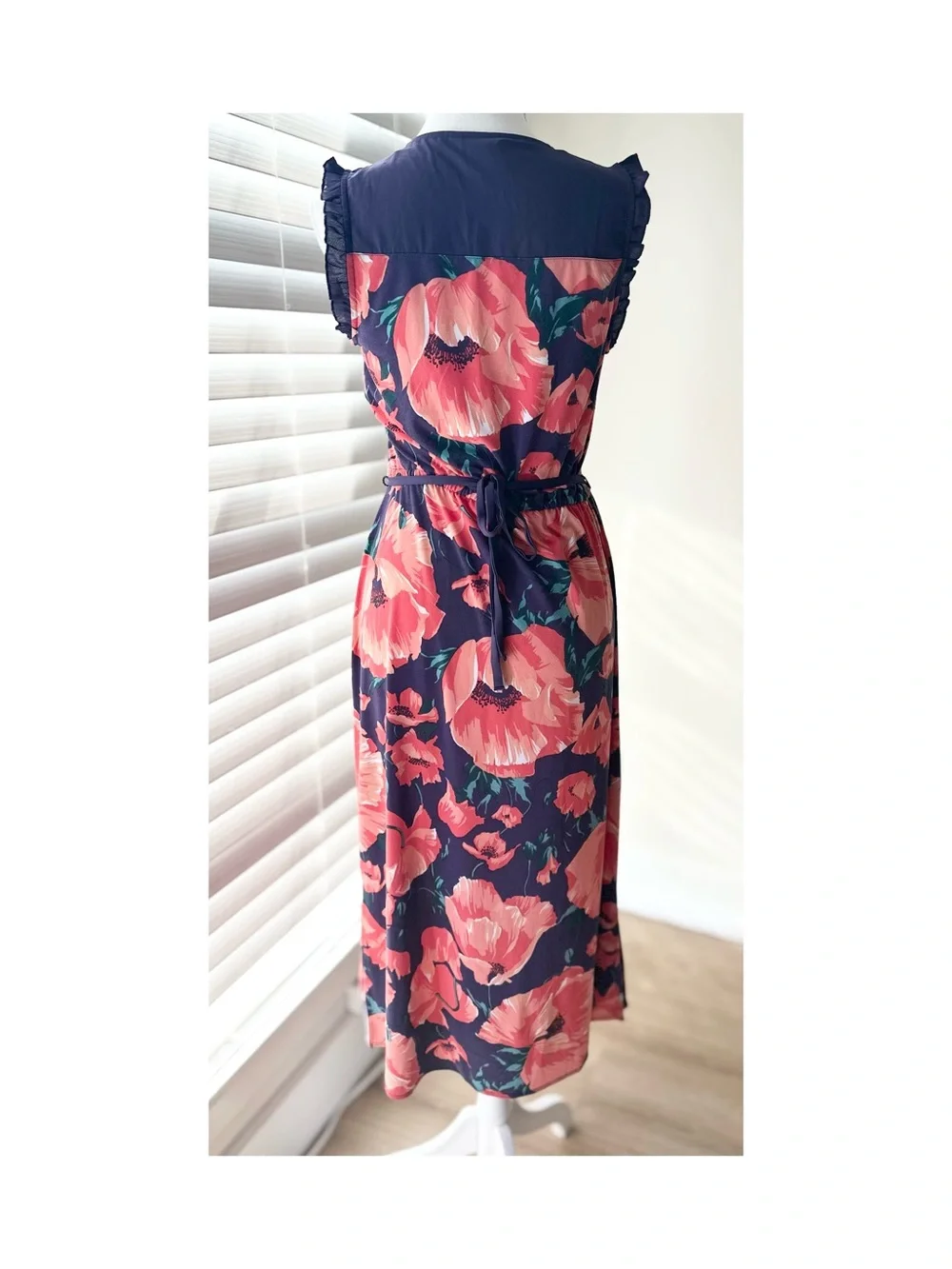 Navy Midi Wrap Dress with Pink Floral Print - Picture 5 of 6